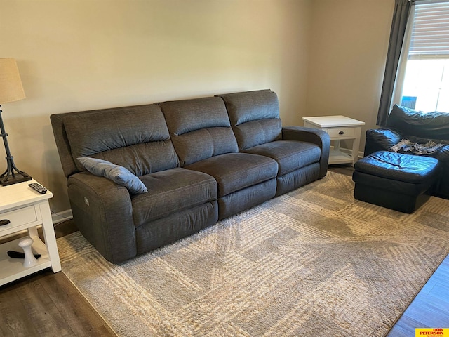 living room with dark hardwood / wood-style flooring