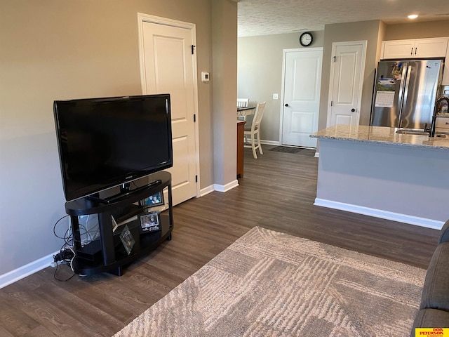 living room with dark hardwood / wood-style floors, a textured ceiling, and sink