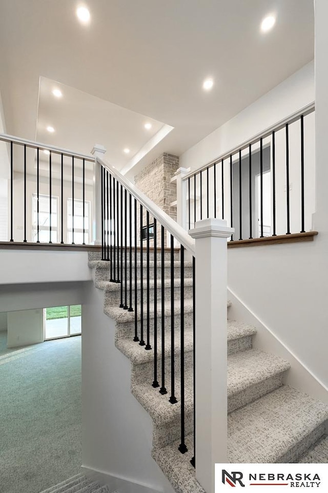 stairway featuring carpet floors