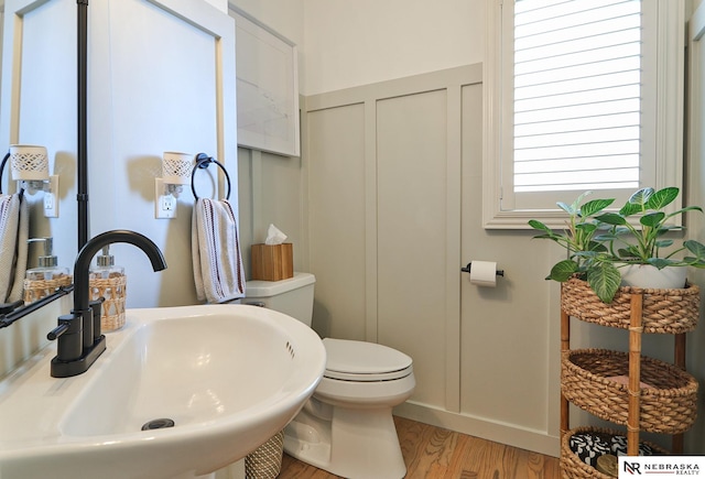 bathroom featuring sink, wood-type flooring, and toilet