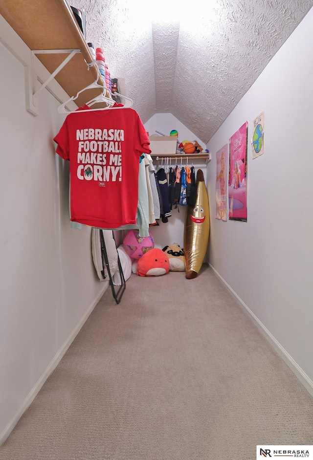 spacious closet with carpet floors and vaulted ceiling