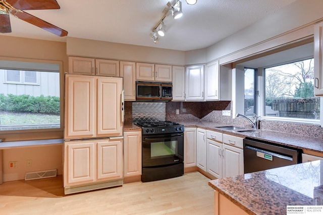 kitchen with light stone counters, plenty of natural light, sink, and black appliances