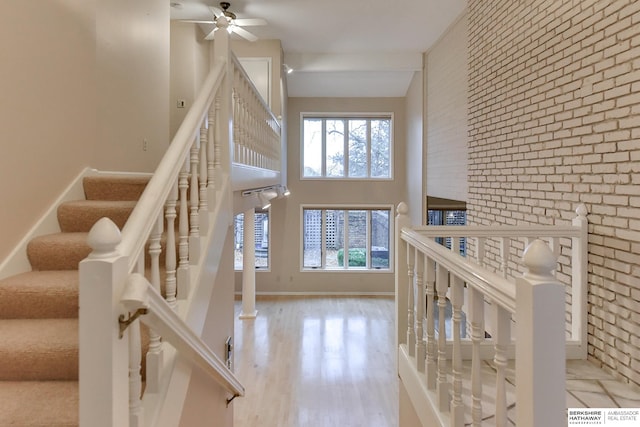 stairs featuring a high ceiling, hardwood / wood-style flooring, and ceiling fan