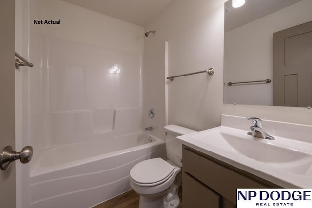 full bathroom with hardwood / wood-style flooring, vanity, toilet, and bathtub / shower combination