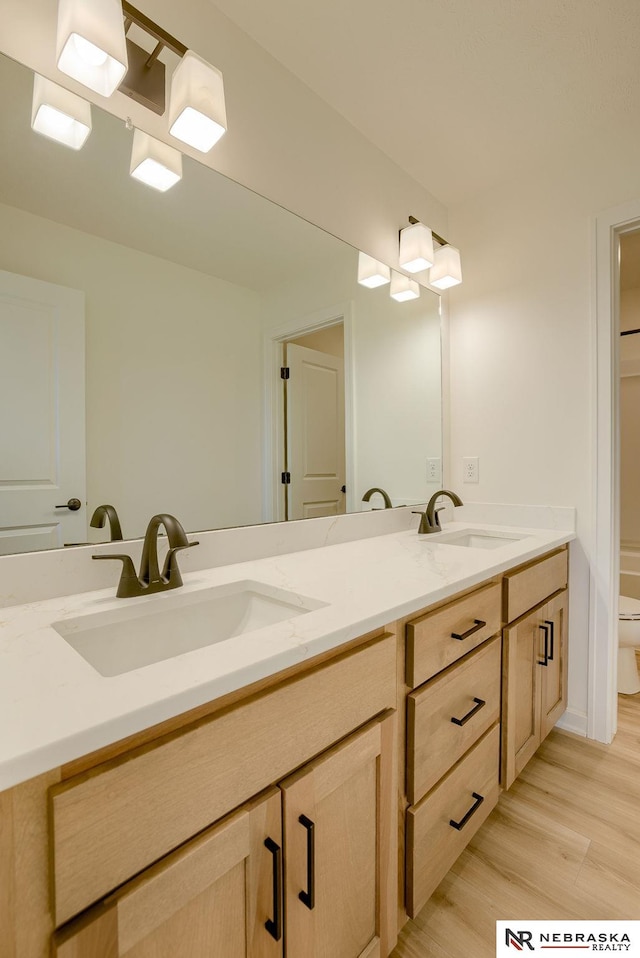 bathroom featuring vanity, toilet, and hardwood / wood-style floors