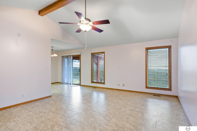 empty room featuring beam ceiling, ceiling fan with notable chandelier, and high vaulted ceiling