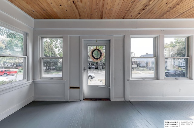 doorway to outside with dark hardwood / wood-style flooring, a wealth of natural light, and wood ceiling