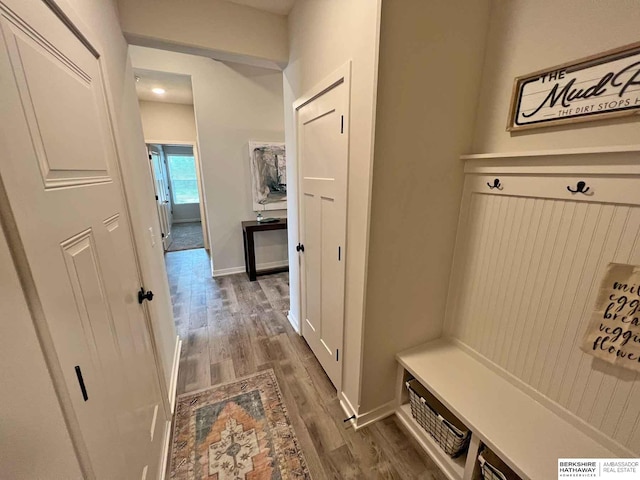 mudroom featuring dark wood-type flooring