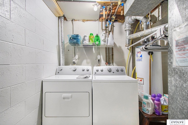 laundry area featuring water heater and washing machine and clothes dryer