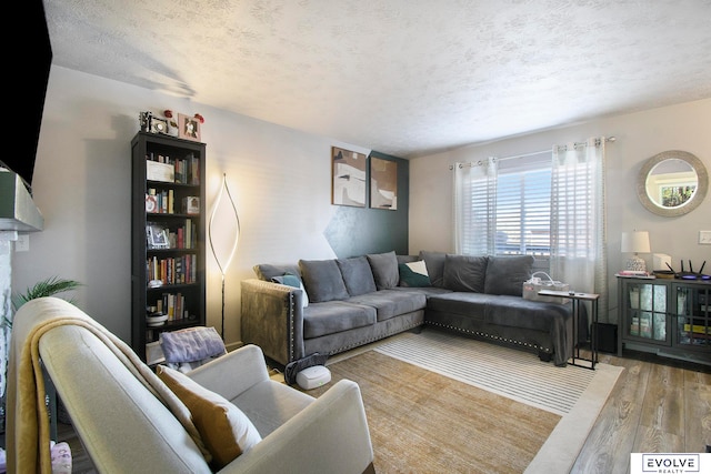 living room featuring hardwood / wood-style floors and a textured ceiling