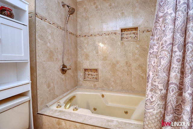 bathroom featuring toilet and shower / bathtub combination with curtain