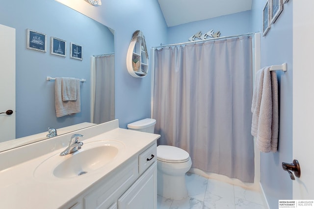 bathroom featuring vanity, toilet, and walk in shower