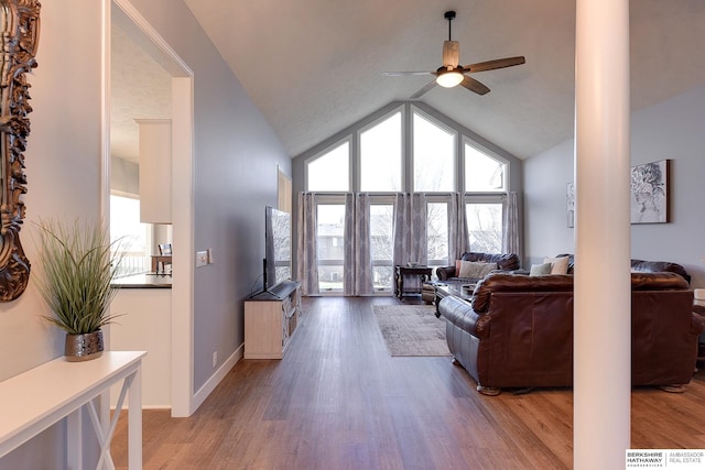 living room featuring ceiling fan, high vaulted ceiling, and wood-type flooring