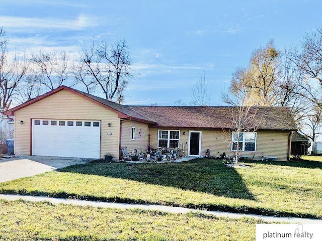 ranch-style house with a front lawn and a garage