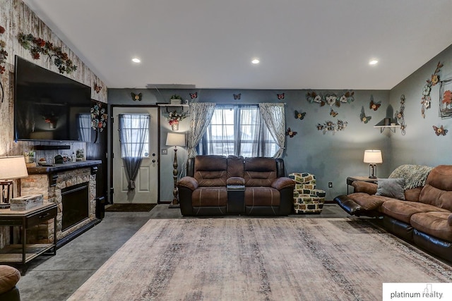 living room with a fireplace