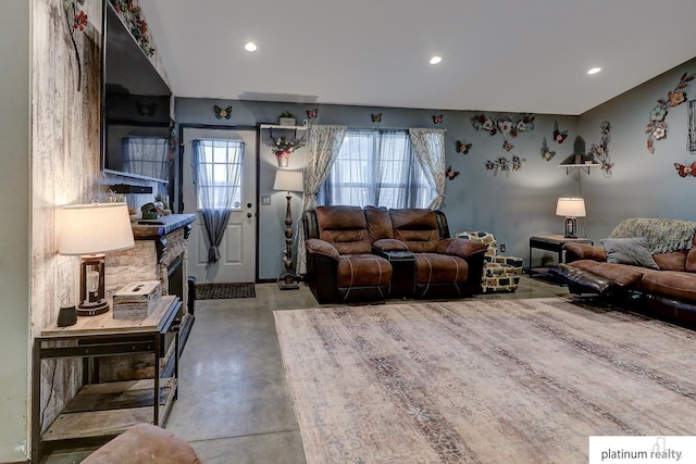 living room with concrete floors