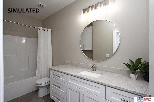 full bathroom with tile patterned flooring, vanity, toilet, and shower / bathtub combination with curtain