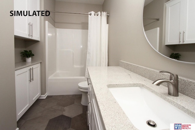 full bathroom with tile patterned floors, vanity, toilet, and shower / bathtub combination with curtain