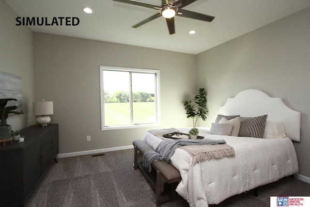 carpeted bedroom featuring ceiling fan