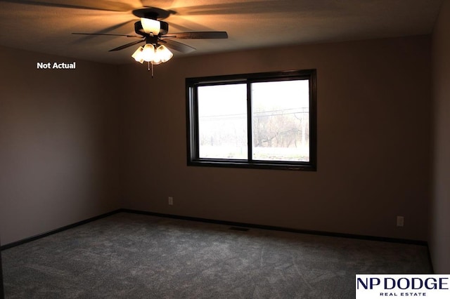 spare room featuring ceiling fan and carpet floors