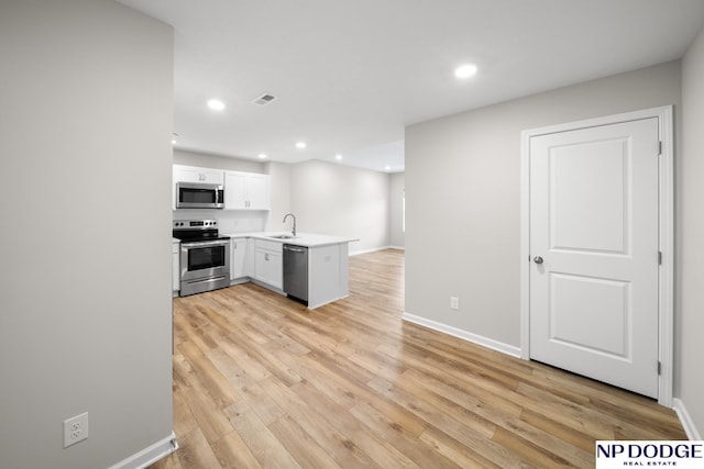 kitchen featuring white cabinetry, sink, stainless steel appliances, kitchen peninsula, and light wood-type flooring