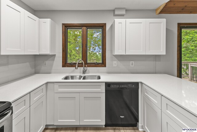 2729 N 129th Cir, Omaha, NE 68164 - kitchen with dishwasher, a sink, decorative backsplash, light countertops, and white cabinetry
