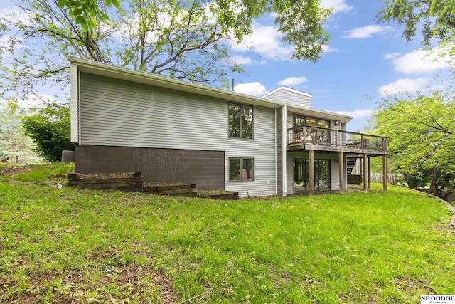 2729 N 129th Cir, Omaha, NE 68164 - rear view of house with a deck, stairs, a lawn, and a chimney