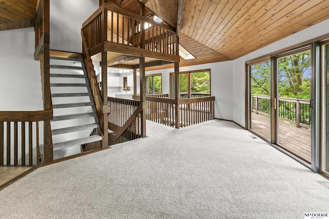 2729 N 129th Cir, Omaha, NE 68164 - stairway with carpet floors, lofted ceiling, baseboards, and wood ceiling