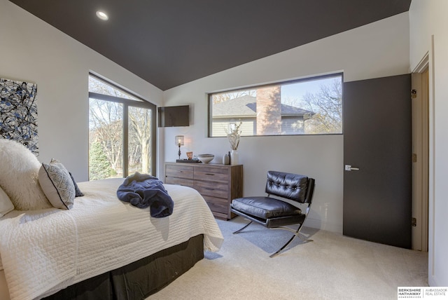 bedroom featuring multiple windows, light carpet, and lofted ceiling