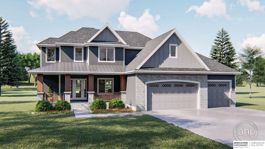 view of front of home featuring a front lawn, a porch, and a garage