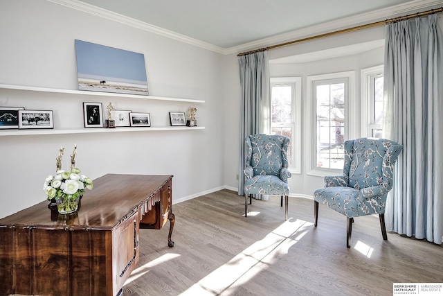 office space with crown molding and light hardwood / wood-style flooring