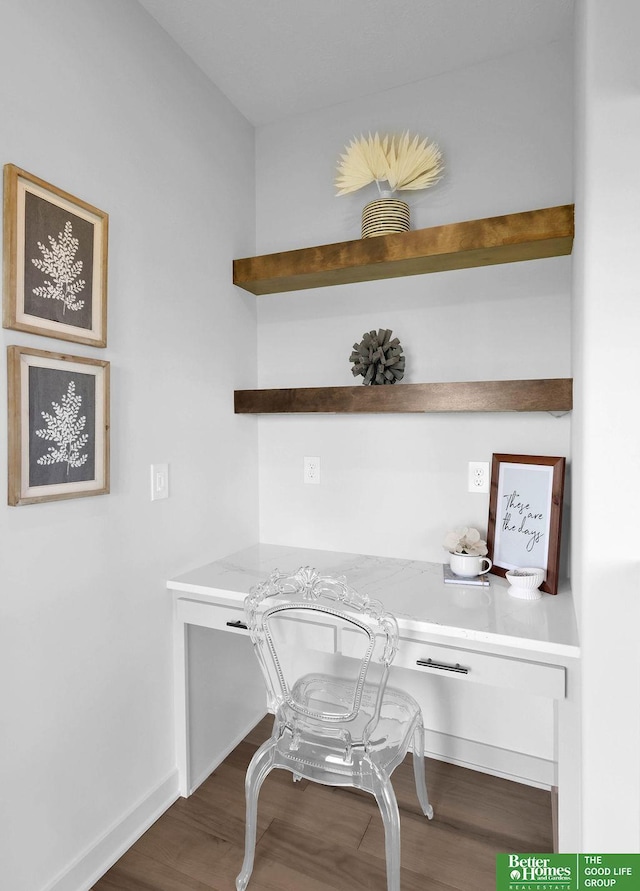 11018 N 161st St, Bennington, NE 68007 - home office with built in desk, dark wood-style flooring, and baseboards