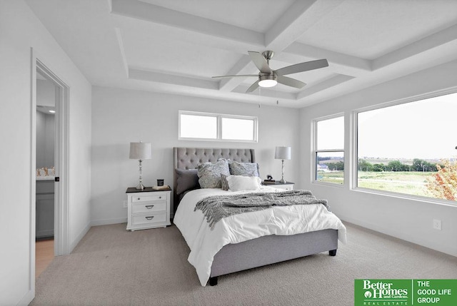 bedroom with multiple windows, ceiling fan, light colored carpet, and coffered ceiling