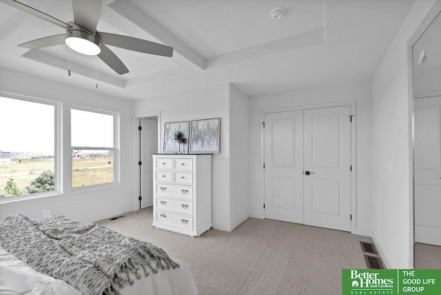 carpeted bedroom featuring a tray ceiling, ceiling fan, and a closet