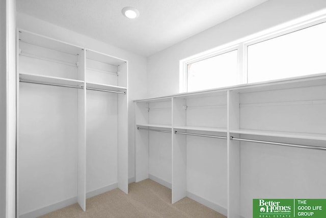 spacious closet featuring light carpet