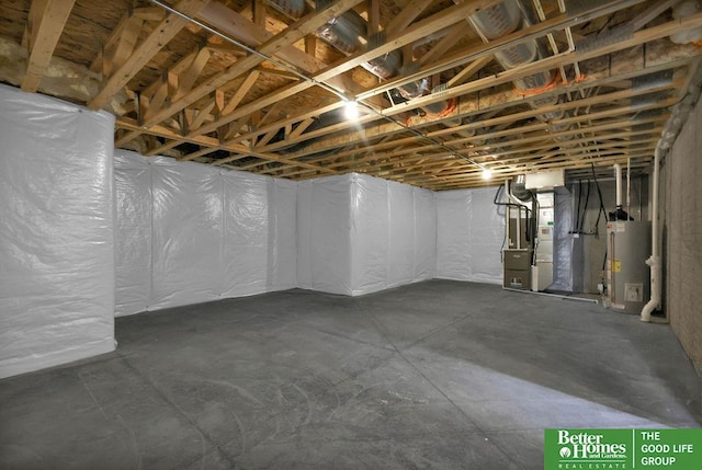 basement with heating unit and water heater