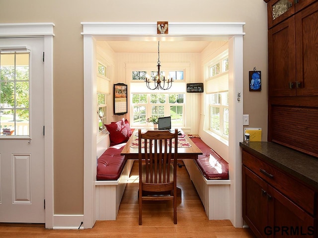 dining room featuring a chandelier, a healthy amount of sunlight, and light hardwood / wood-style floors