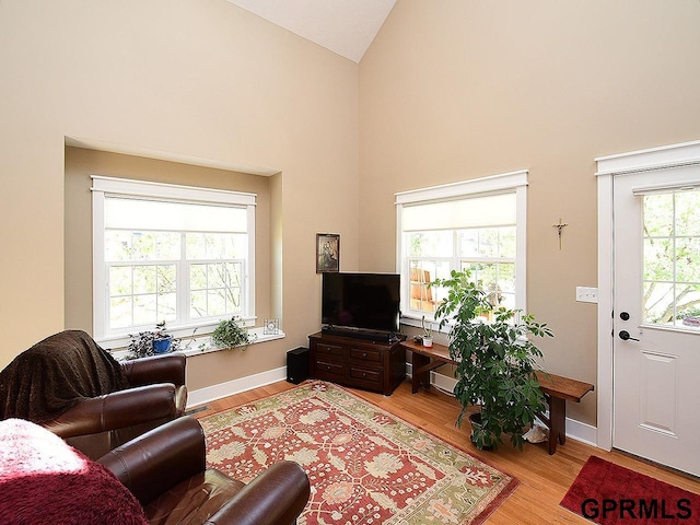 living room with high vaulted ceiling and light hardwood / wood-style flooring