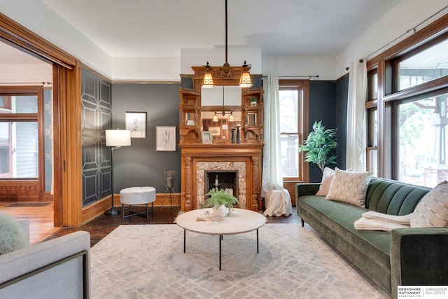 living room with wood-type flooring and a premium fireplace