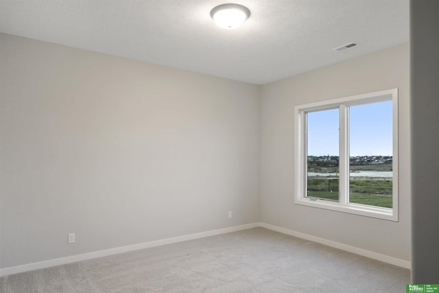 spare room with light colored carpet and a textured ceiling