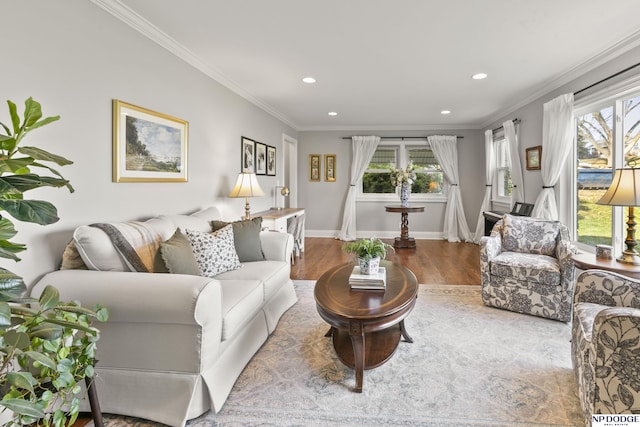 living room with light wood-type flooring and crown molding