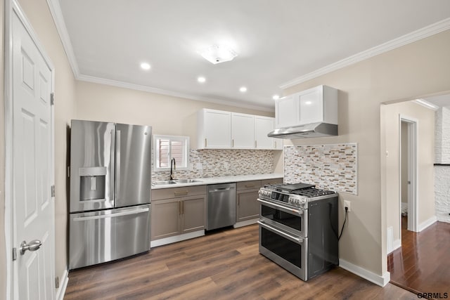 kitchen featuring white cabinetry, sink, dark wood-type flooring, gray cabinets, and appliances with stainless steel finishes