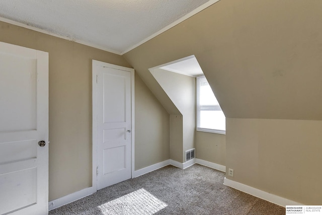 additional living space featuring light colored carpet, lofted ceiling, and a textured ceiling