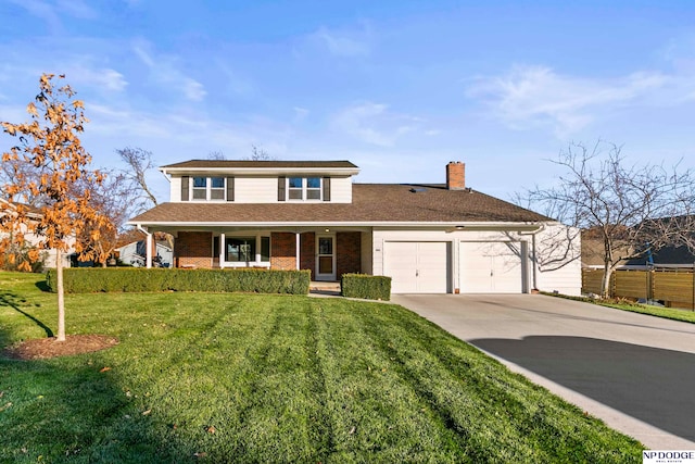 view of front of property with a front yard and a garage