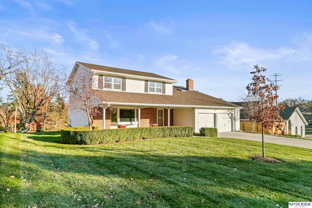 view of property with covered porch, a garage, and a front lawn