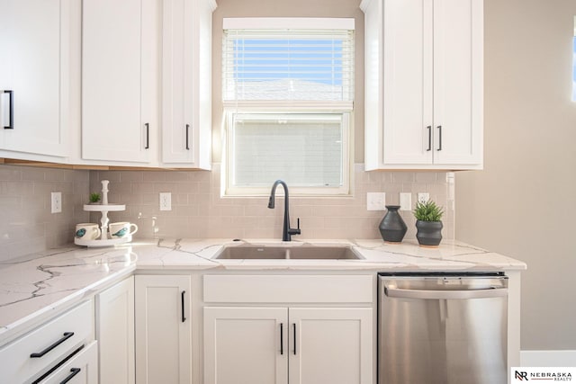 kitchen featuring dishwasher, white cabinets, tasteful backsplash, and sink