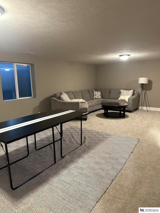 living room with carpet flooring and a textured ceiling