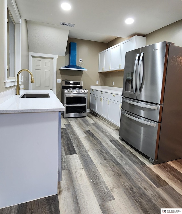 kitchen with white cabinetry, sink, dark hardwood / wood-style floors, ventilation hood, and appliances with stainless steel finishes