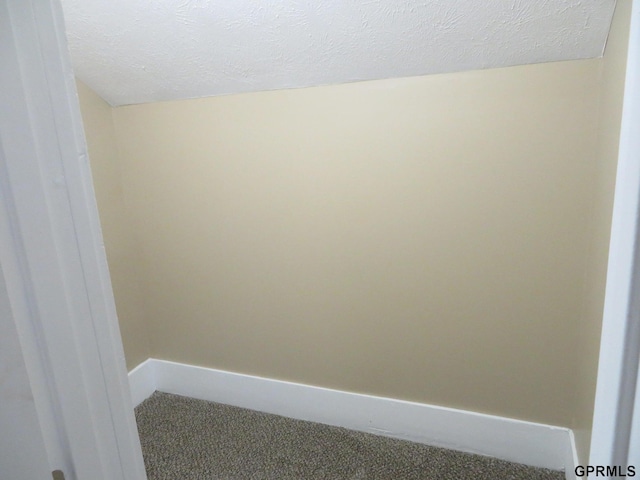 interior space featuring a textured ceiling, carpet floors, and lofted ceiling