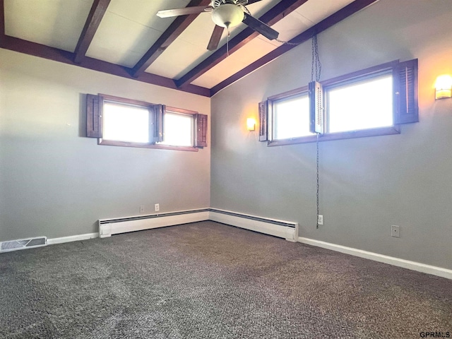 carpeted spare room with vaulted ceiling with beams, a baseboard radiator, and ceiling fan